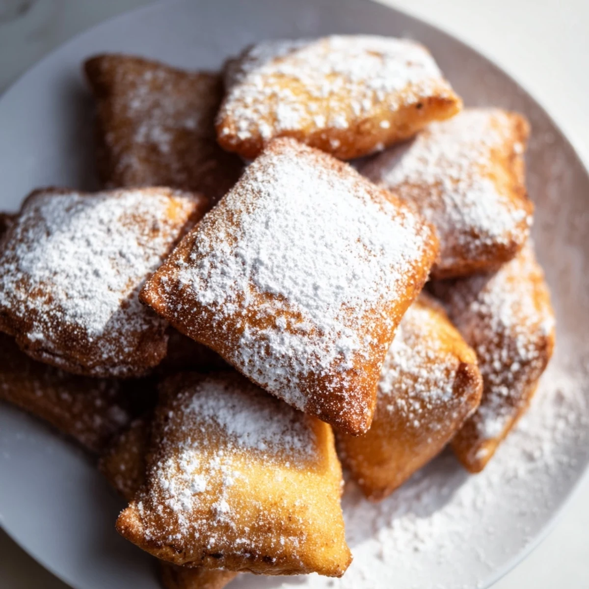 Warm Mardi Gras fried dough, freshly dusted with powdered sugar, ready to enjoy with a cup of coffee.  