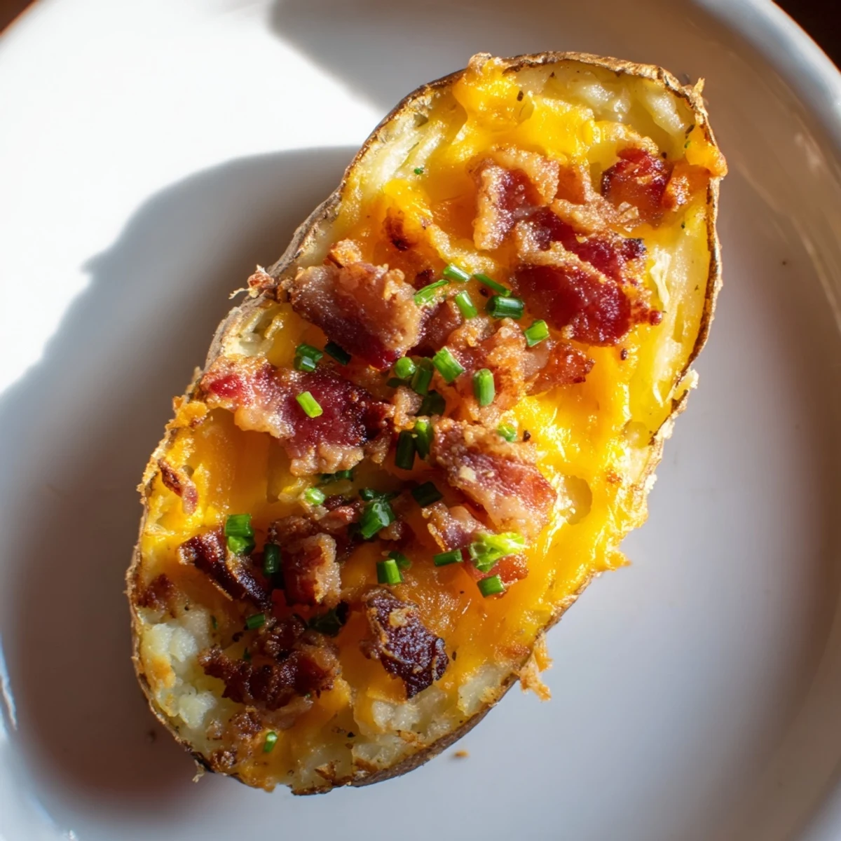 Golden Crispy Potato Skins with Cheese, filled with gooey cheddar and fresh chives, served hot as a crowd-pleasing appetizer.