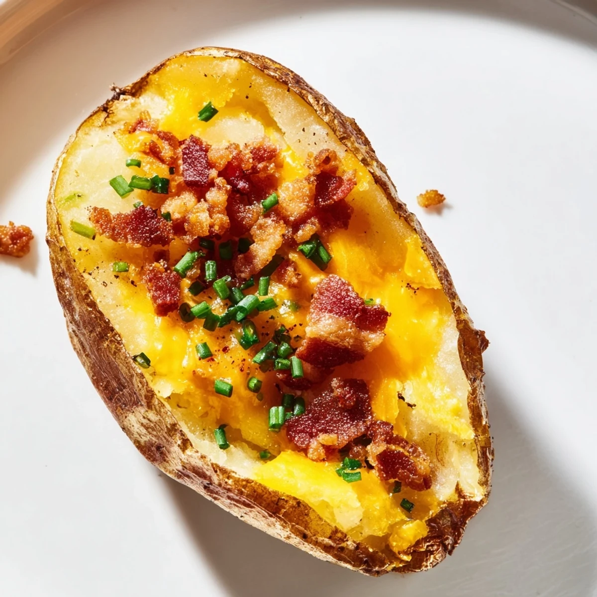 Oven-baked Crispy Potato Skins with Cheese, loaded with melted cheddar and crumbled bacon, on a wooden board with sour cream.