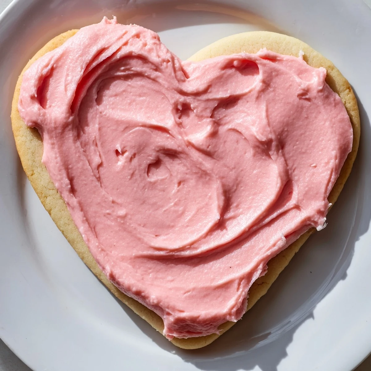 Close-up of Heart Cookies with Pink Frosting, decorated with Valentine's sprinkles.