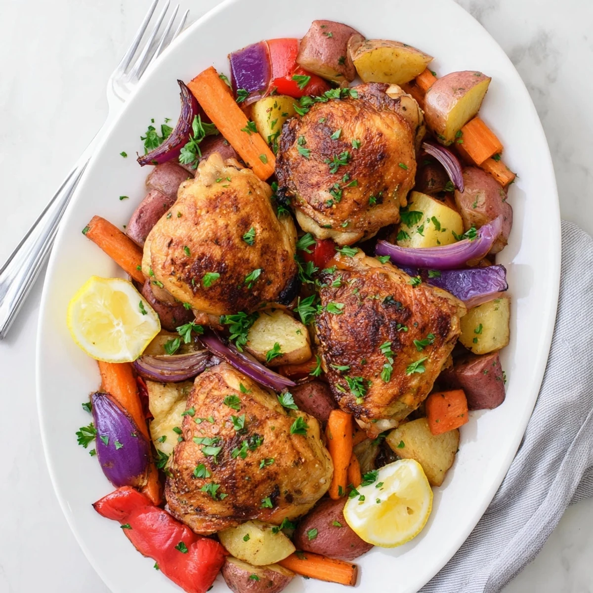 Golden roasted chicken thighs with crispy skin rest atop a colorful medley of caramelized carrots, potatoes, and bell peppers on a baking sheet.