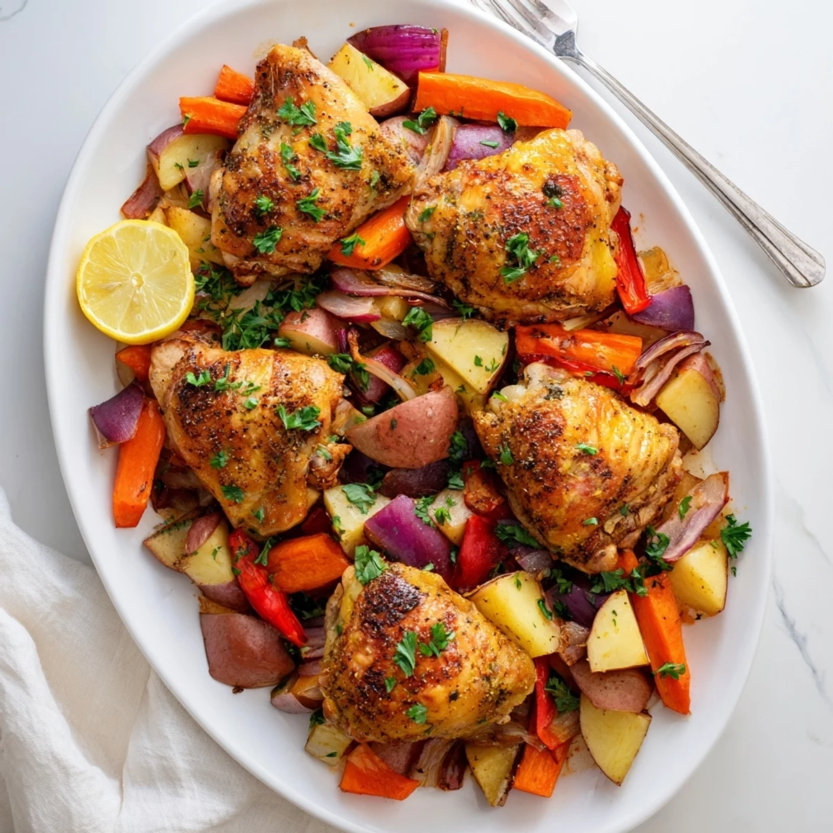 A hearty plate of Chicken Dinner with Roasted Vegetables, served hot with fresh parsley and lemon wedges for a bright, comforting finish.
