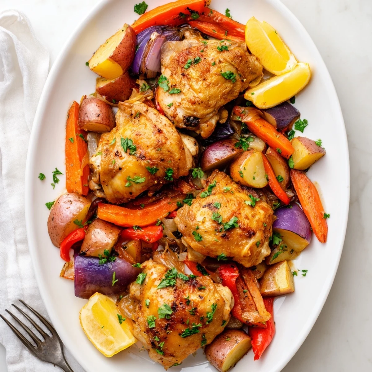 Savory, gluten-free Chicken Dinner with Roasted Vegetables, featuring juicy chicken and tender vegetables, perfect for an easy, healthy weeknight family meal.