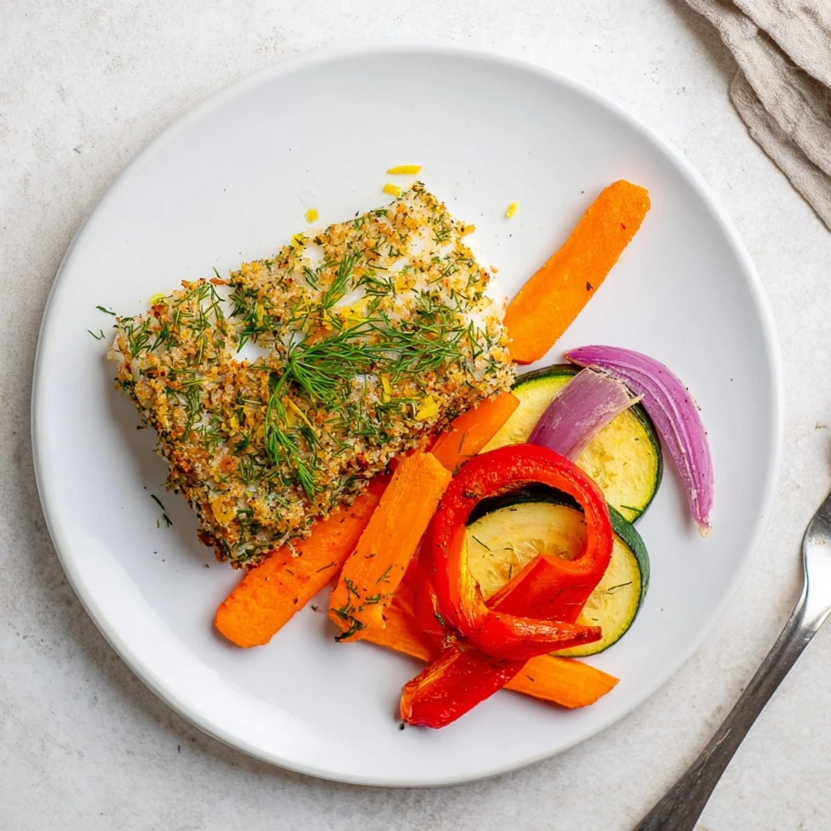 Perfectly cooked Baked Cod Dinner Fillet with tender carrots, bell peppers, and zucchini for a wholesome main dish.