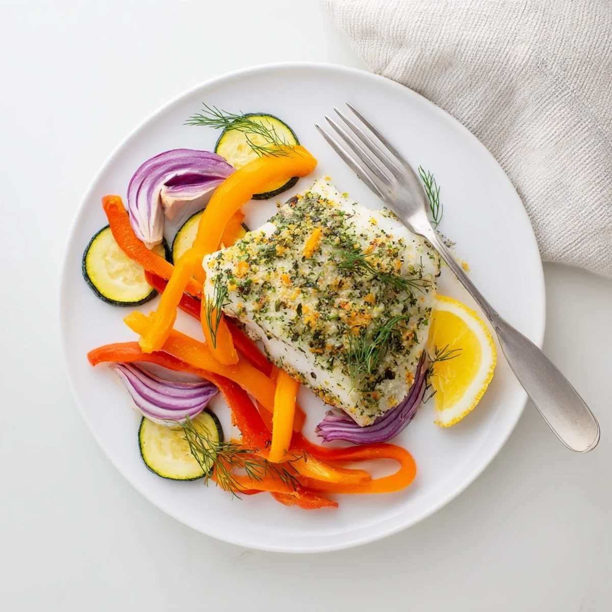 Flaky baked cod fillet with a golden lemon-herb crust, served alongside colorful roasted vegetables on a baking sheet.