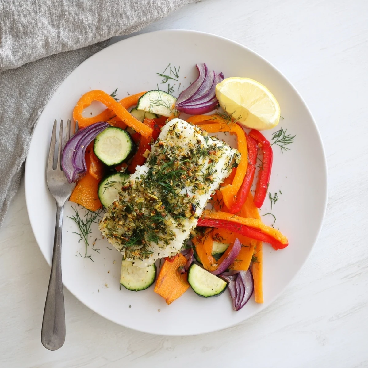 A close-up of a juicy Baked Cod Dinner Fillet garnished with fresh herbs, paired with vibrant roasted veggies for dinner.