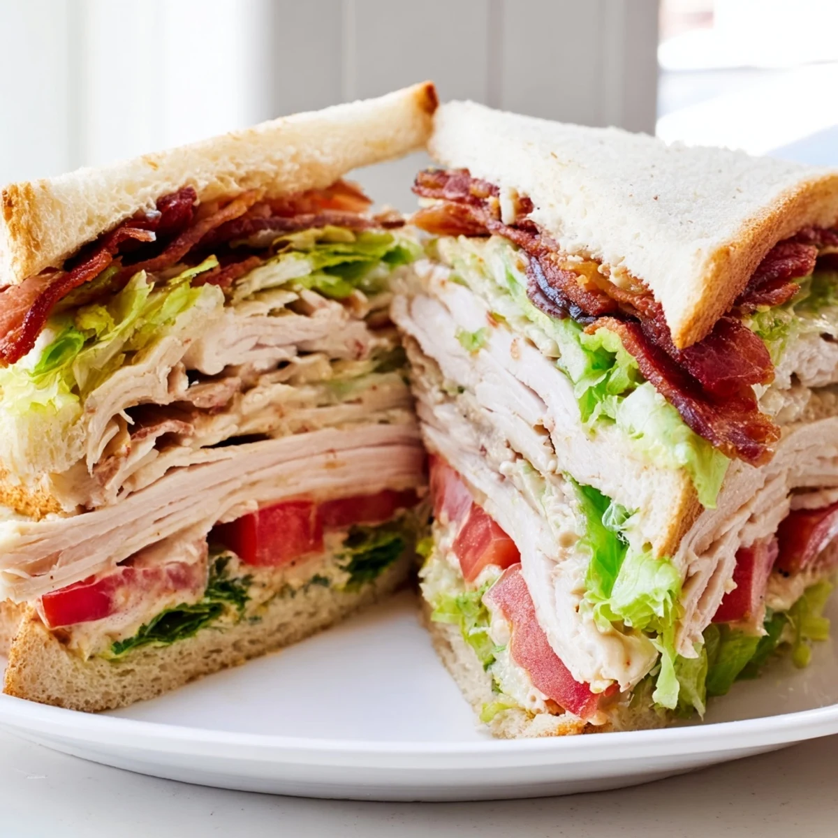 Toasted sandwich bread cradles layers of roasted turkey, crispy bacon, fresh lettuce, and juicy tomatoes in this classic Turkey Lunch Sandwich Club.