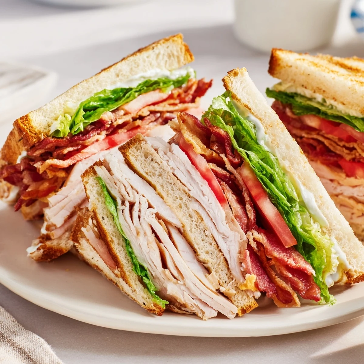 A diagonal slice reveals the stacked layers of the Turkey Lunch Sandwich Club, with melted butter toasting on bread and savory fillings.