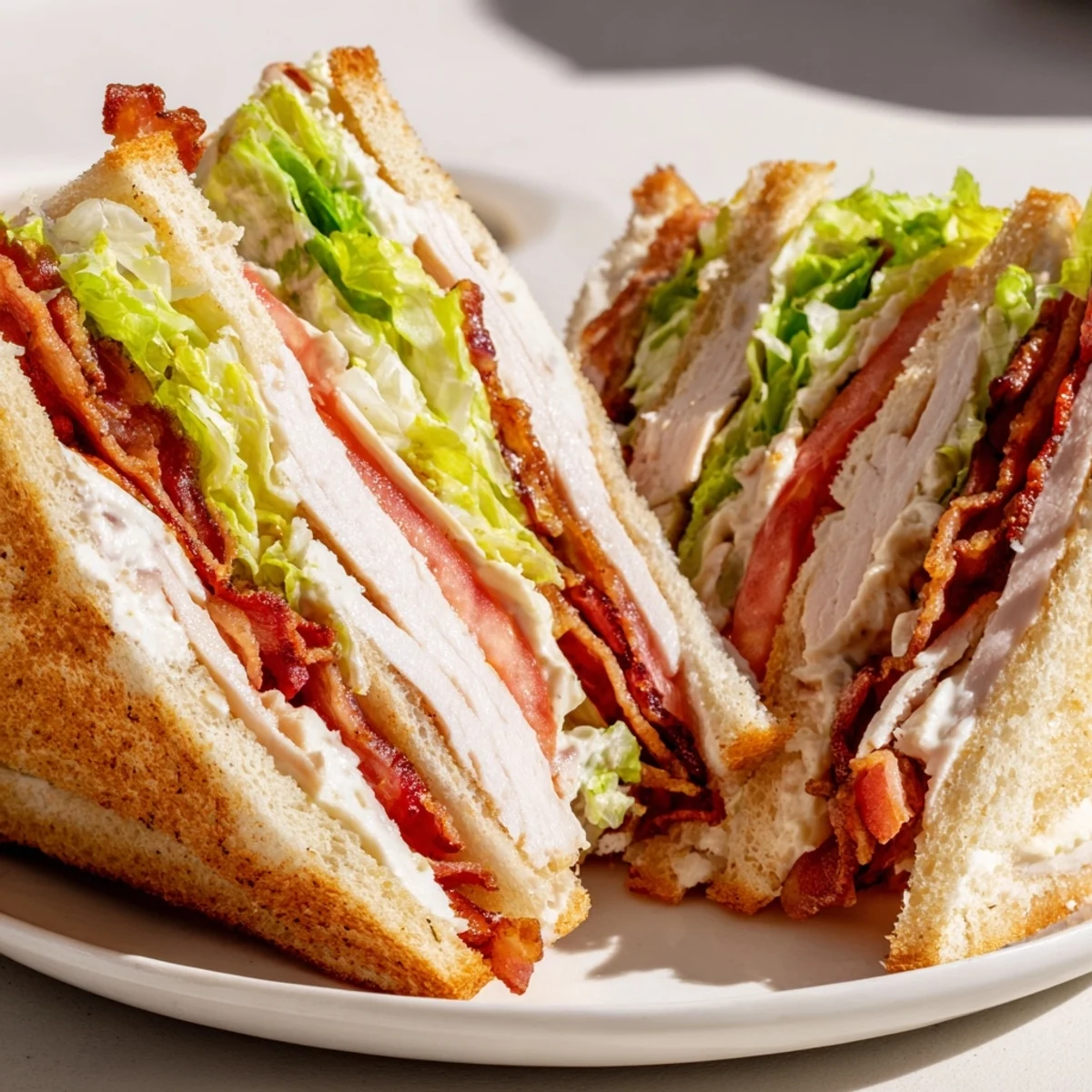 This hearty triple-decker Turkey Lunch Sandwich Club features creamy mayonnaise, crisp bacon, and vibrant vegetables, served on a cutting board.