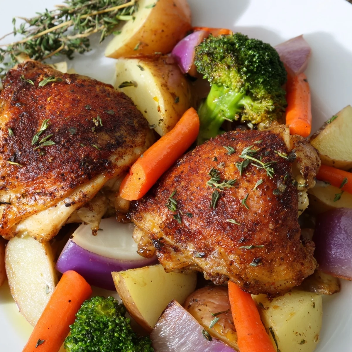 Juicy Roasted Dinner Pan Chicken with herbs, roasted potatoes, carrots, and onions is plated with a fresh lemon wedge.