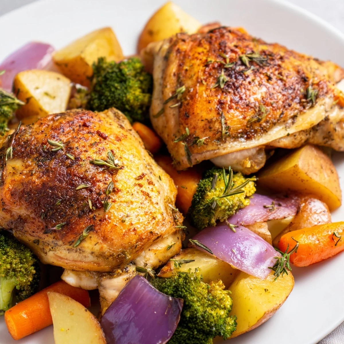 Golden, crisp-skinned Roasted Dinner Pan Chicken thighs rest alongside tender broccoli and potatoes on a baking sheet.
