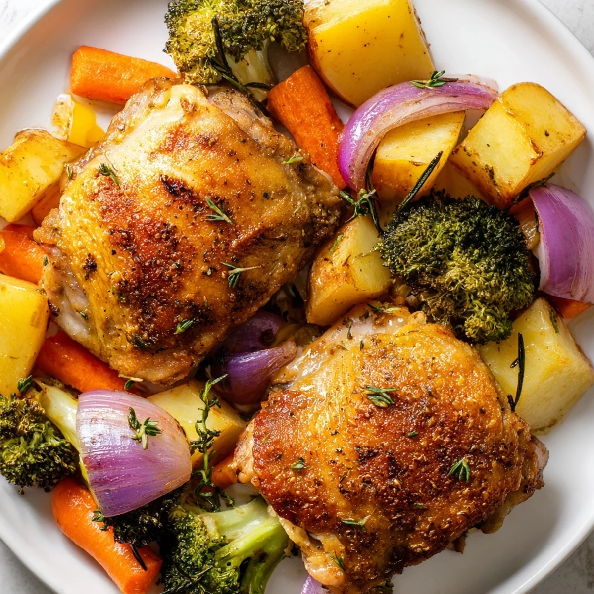 Fork-tender Roasted Dinner Pan Chicken served from a single sheet pan, surrounded by colorful roasted vegetables for an easy family dinner.