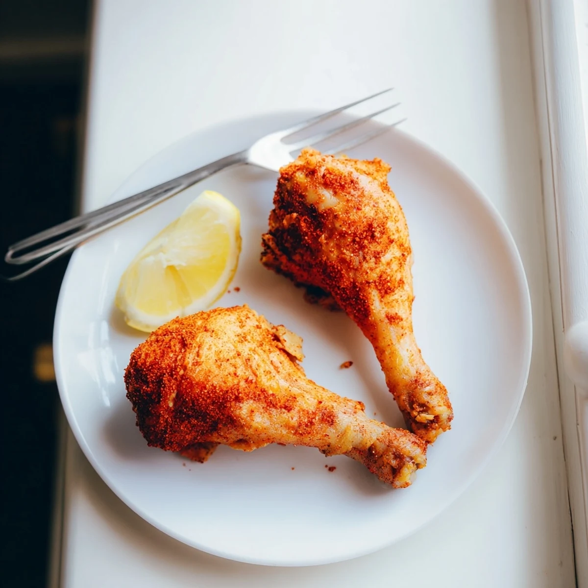 Golden-brown Crispy Dinner Chicken Fried served on a white plate with lemon wedges and fresh parsley garnish.  