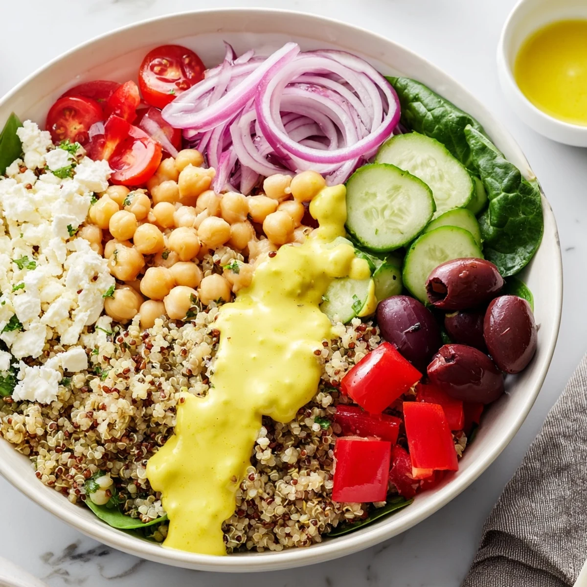 A vibrant Mediterranean Dinner Grain Bowl with quinoa, crisp vegetables, feta, and a creamy lemon-tahini drizzle, ready to serve.