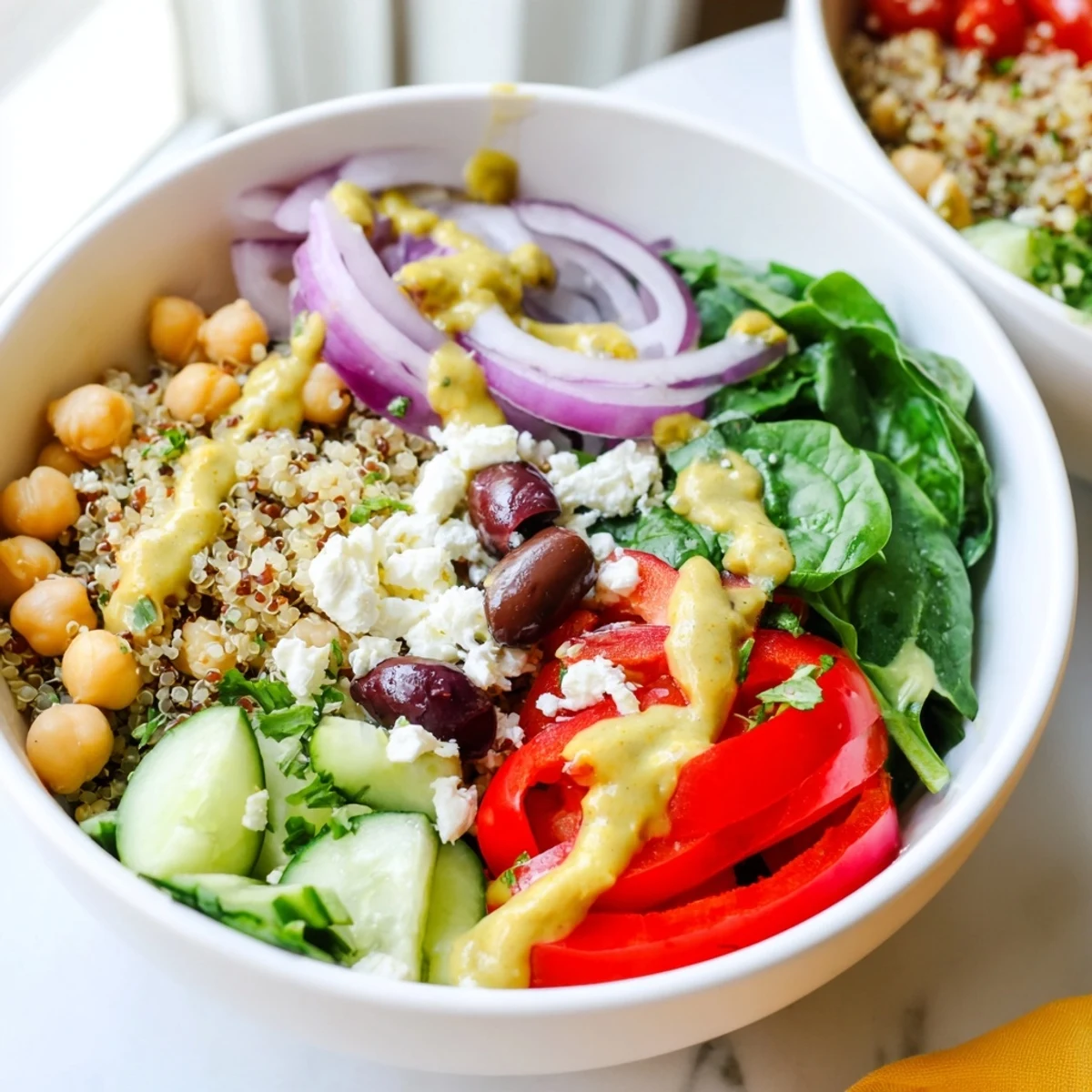 This Mediterranean Dinner Grain Bowl features fluffy quinoa, chickpeas, colorful peppers, and olives, finished with a zesty lemon-tahini dressing.