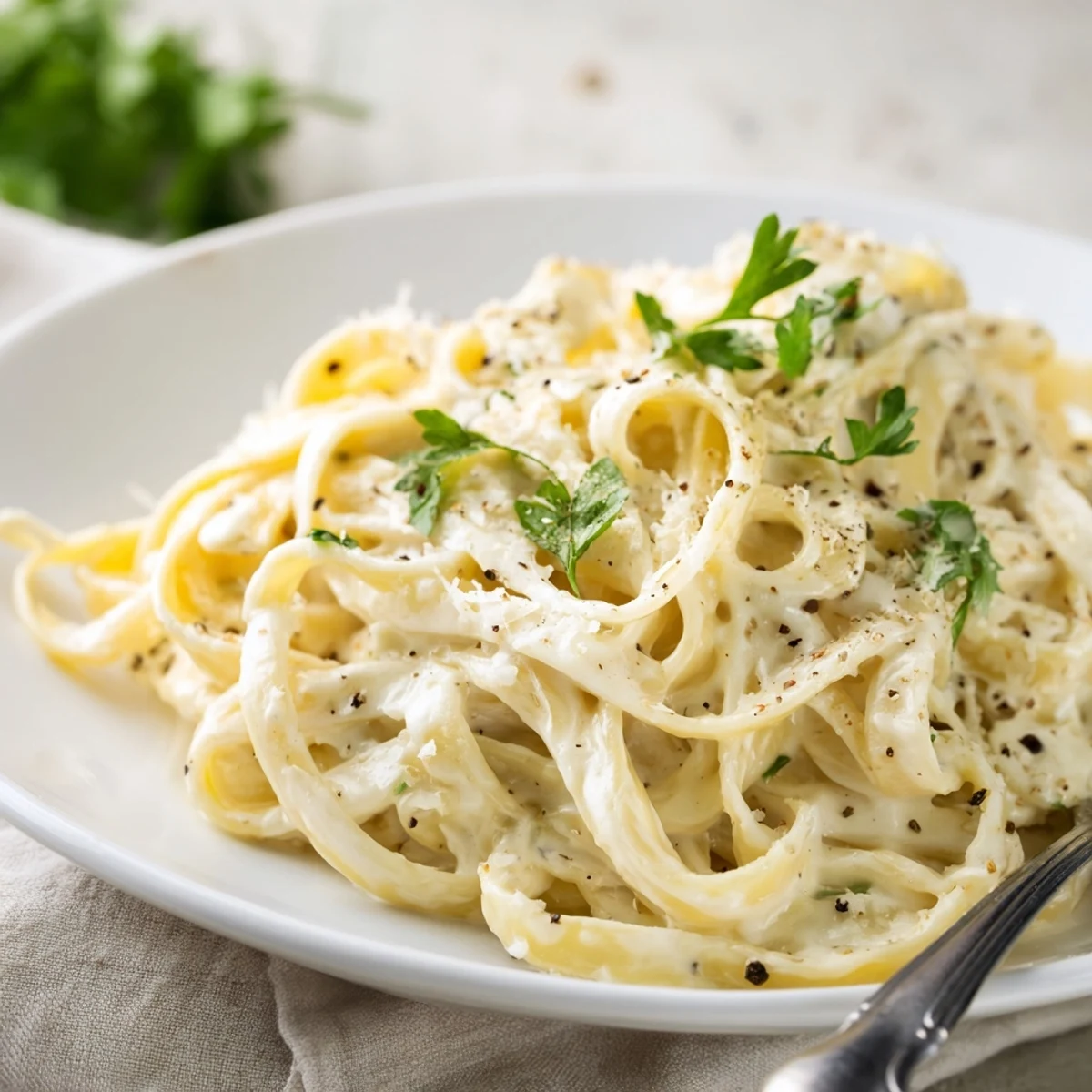 A close-up of creamy dinner pasta sauce being poured over fettuccine, garnished with fresh parsley.  