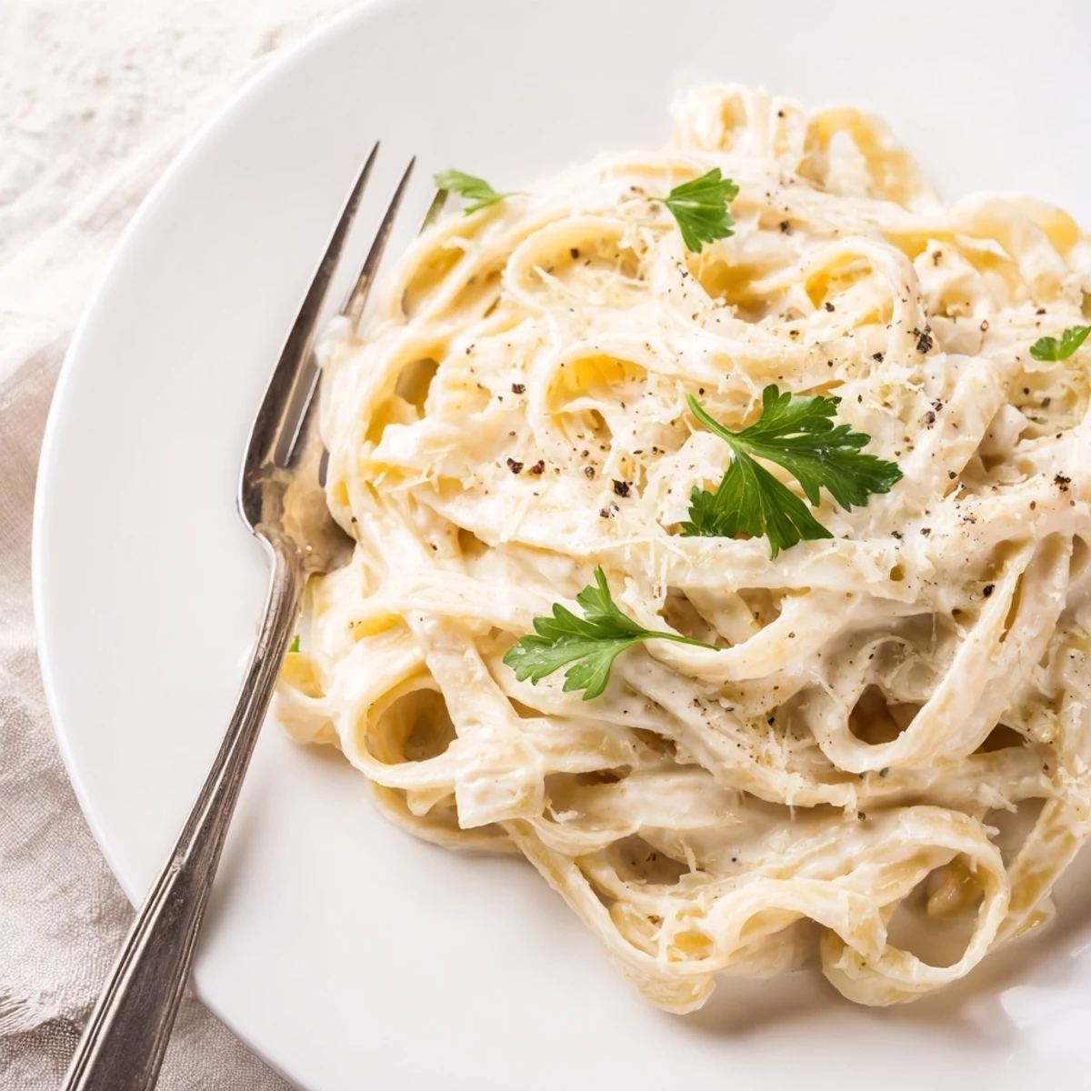 Velvety creamy dinner pasta sauce coats rigatoni, with a steamy aroma of garlic and Parmesan.  