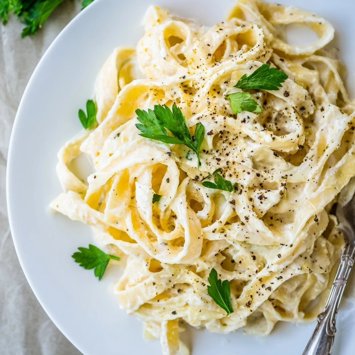 Golden pasta twirls in creamy dinner pasta sauce, topped with grated Parmesan and parsley.