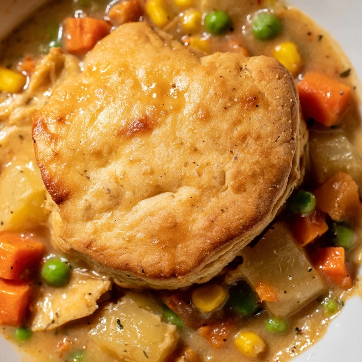 A steaming bowl of slow cooker chicken pot pie, with golden biscuits nestled over a creamy filling of tender chicken, peas, and carrots.