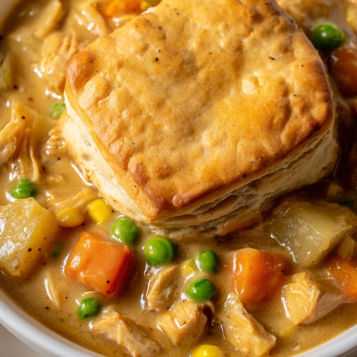 This hearty slow cooker chicken pot pie features fluffy biscuit pieces resting atop a thick, savory gravy with colorful vegetables.