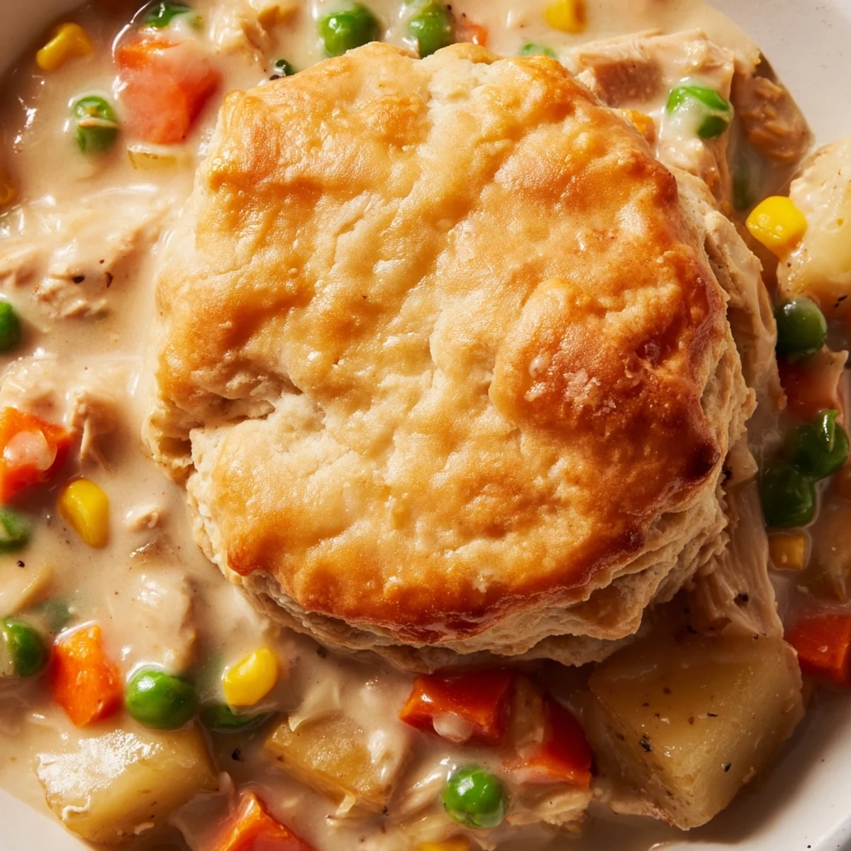Visualize slow cooker chicken pot pie bubbling in a ceramic dish, golden biscuits glistening with butter over a rich chicken and vegetable filling.