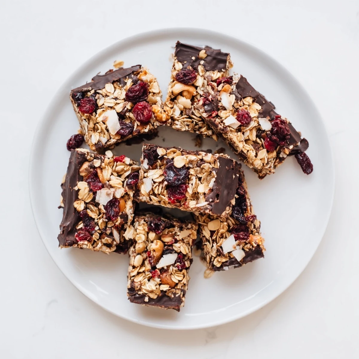 Perfectly cut Chocolate Lunch Bar Snacks rest on a wooden board, showing the hearty oats, nuts, and dried fruit inside.
