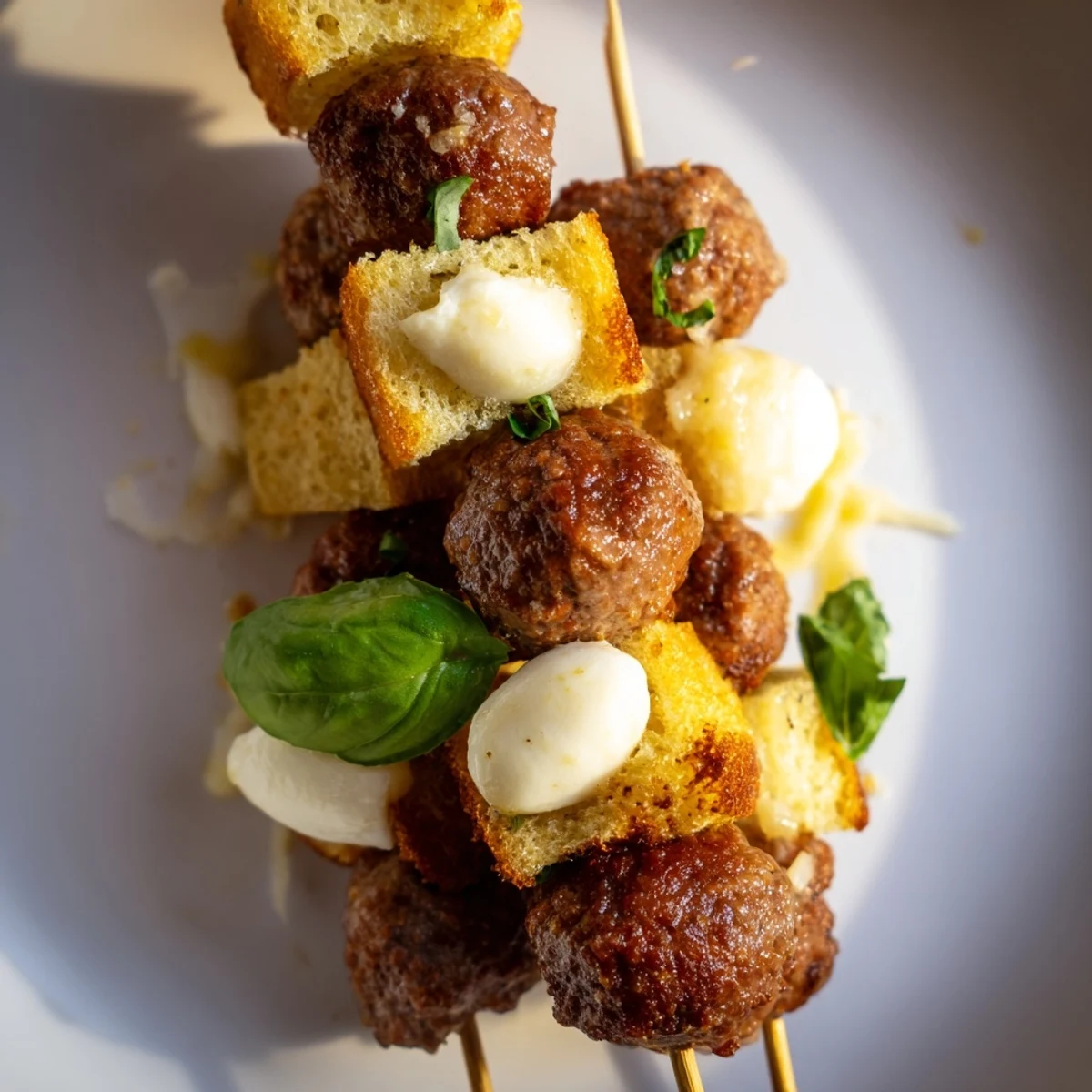 Golden toasted bread cubes, savory beef meatballs, and melted mozzarella stacked on wooden skewers, ready for dipping in warm marinara.