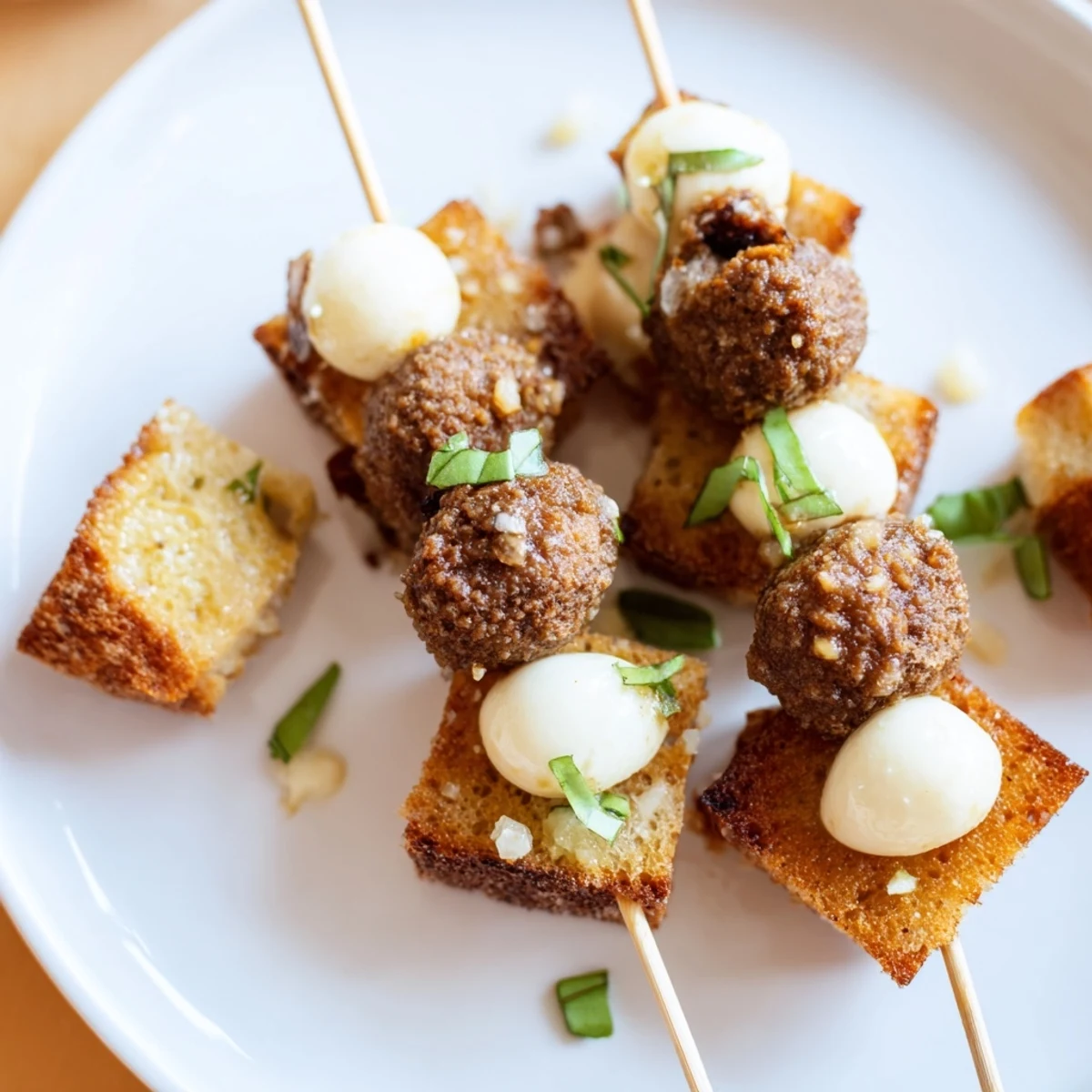 Close-up view of Game Day Meatball Sub Bites on Skewers featuring juicy meatballs, gooey cheese, and buttery toasted bread.