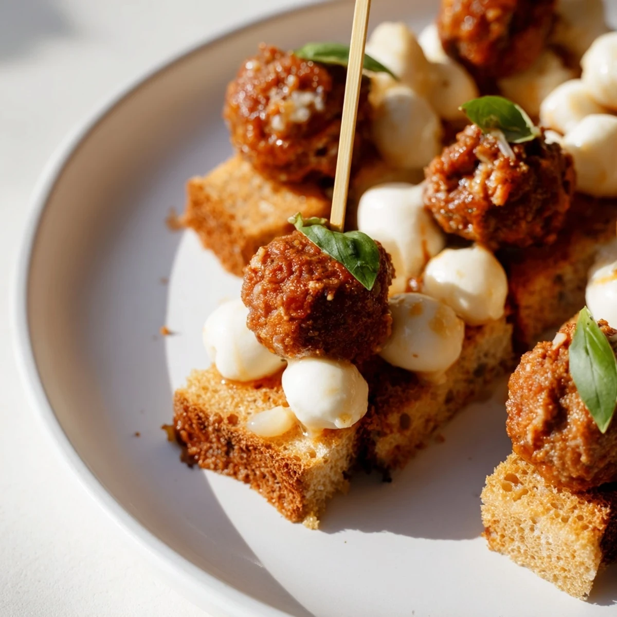 Game Day Meatball Sub Bites on Skewers are arranged on a platter with fresh basil garnish, perfect for a Super Bowl party.