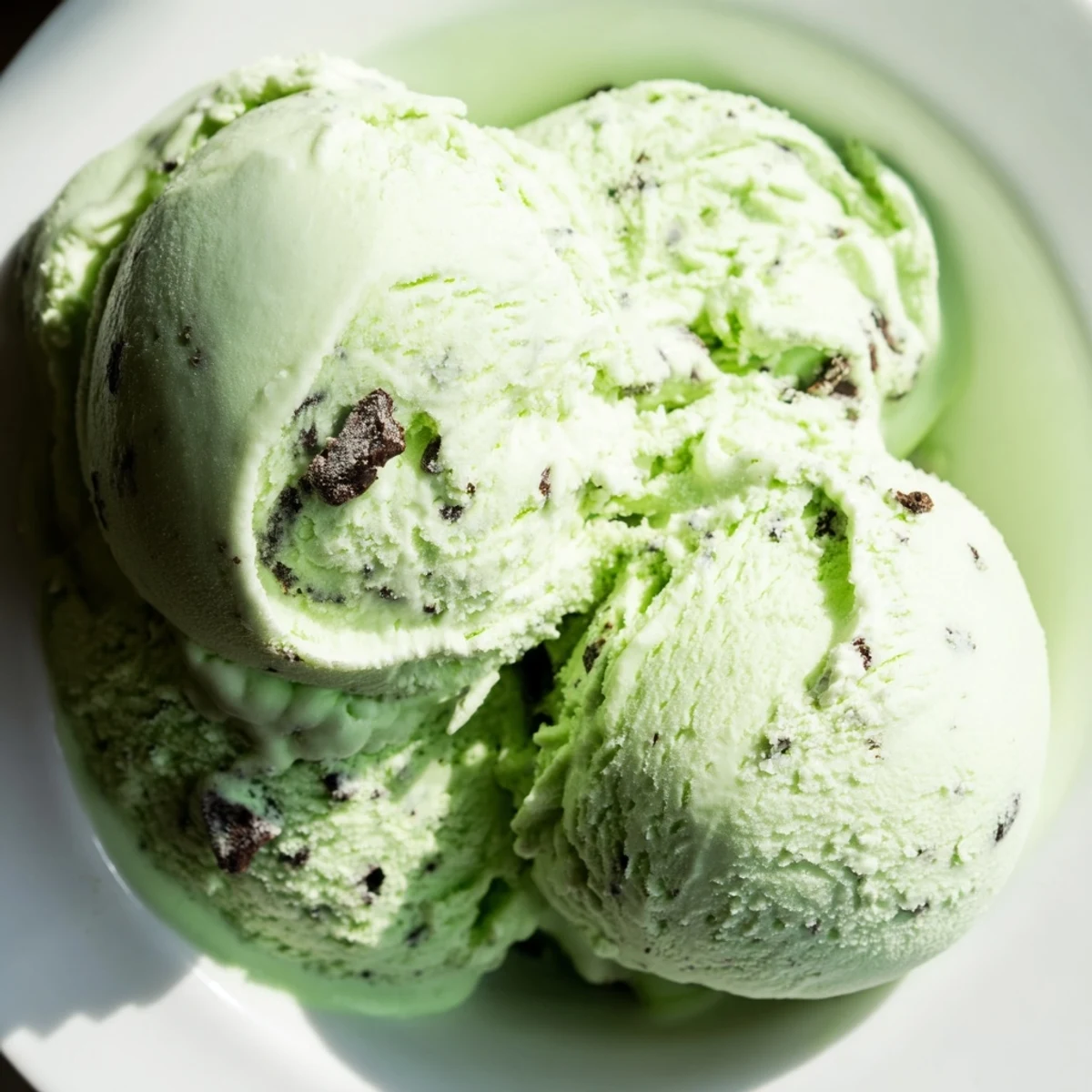 Green Mint Chip Ice Cream in a white bowl, creamy scoops with dark chocolate chips, topped with fresh mint leaves for a refreshing summer dessert.