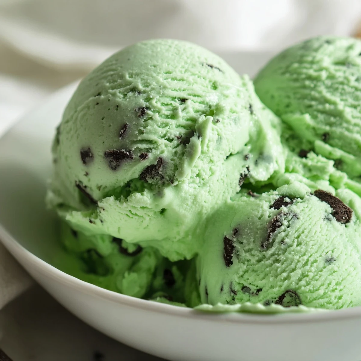 Homemade Green Mint Chip Ice Cream served in a vintage glass, layered with crumbled chocolate cookies and a peppermint stick for a festive treat.