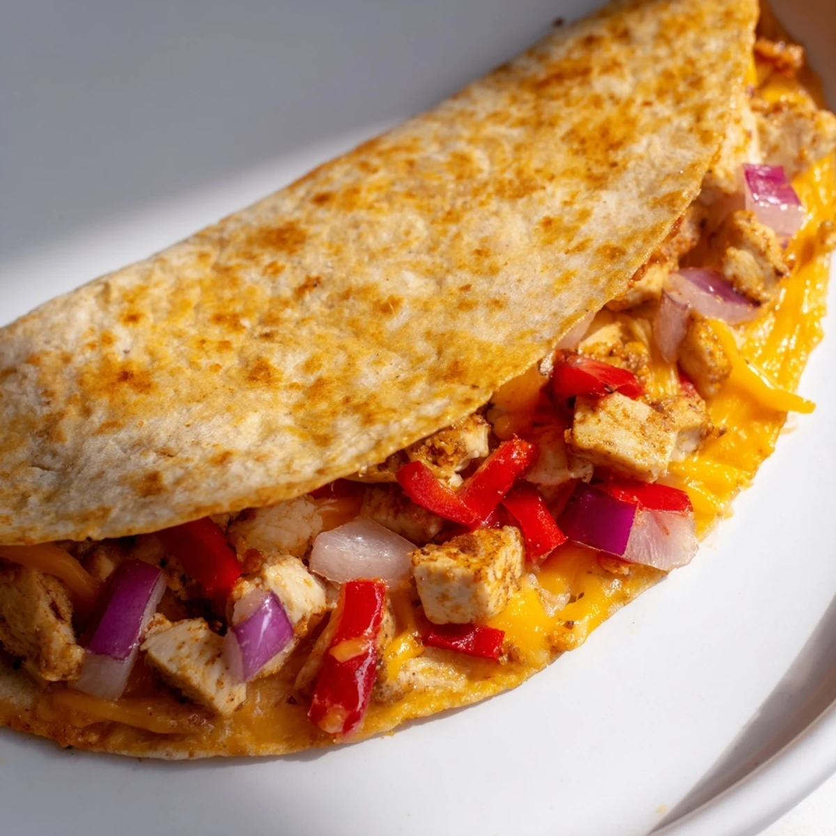 A close-up slice of Championship Chicken Quesadillas revealing melted cheese, seasoned chicken, and peppers, topped with creamy guacamole.