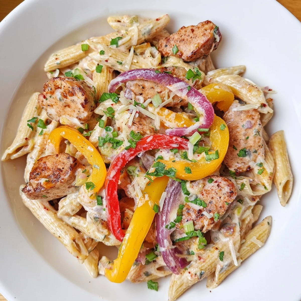 Steam rises from a bowl of Mardi Gras Pasta with Creamy Cajun Sauce, garnished with fresh parsley and green onions for a festive touch.
