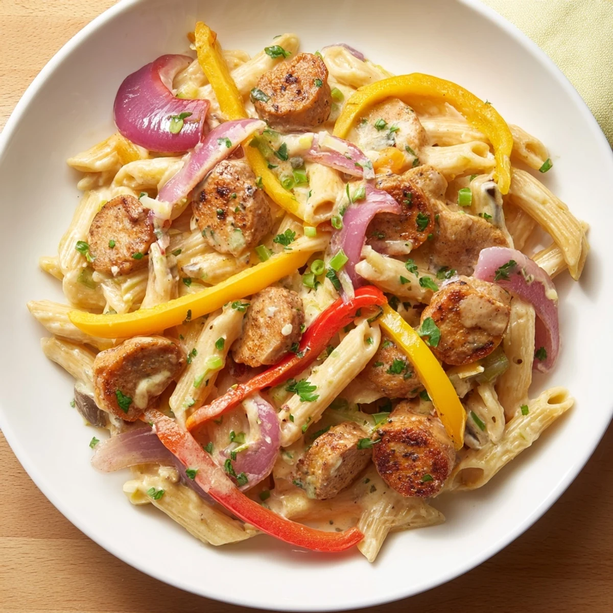 Mardi Gras Pasta with Creamy Cajun Sauce is plated with colorful bell peppers, tender chicken, and andouille sausage in a rich, spicy cream sauce.