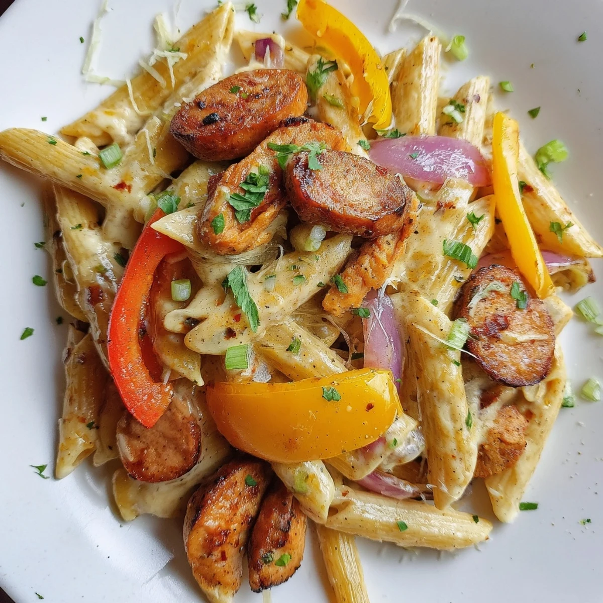 Close-up of Mardi Gras Pasta with Creamy Cajun Sauce featuring penne coated in velvety sauce, sliced sausage, and vibrant peppers on a dinner plate.