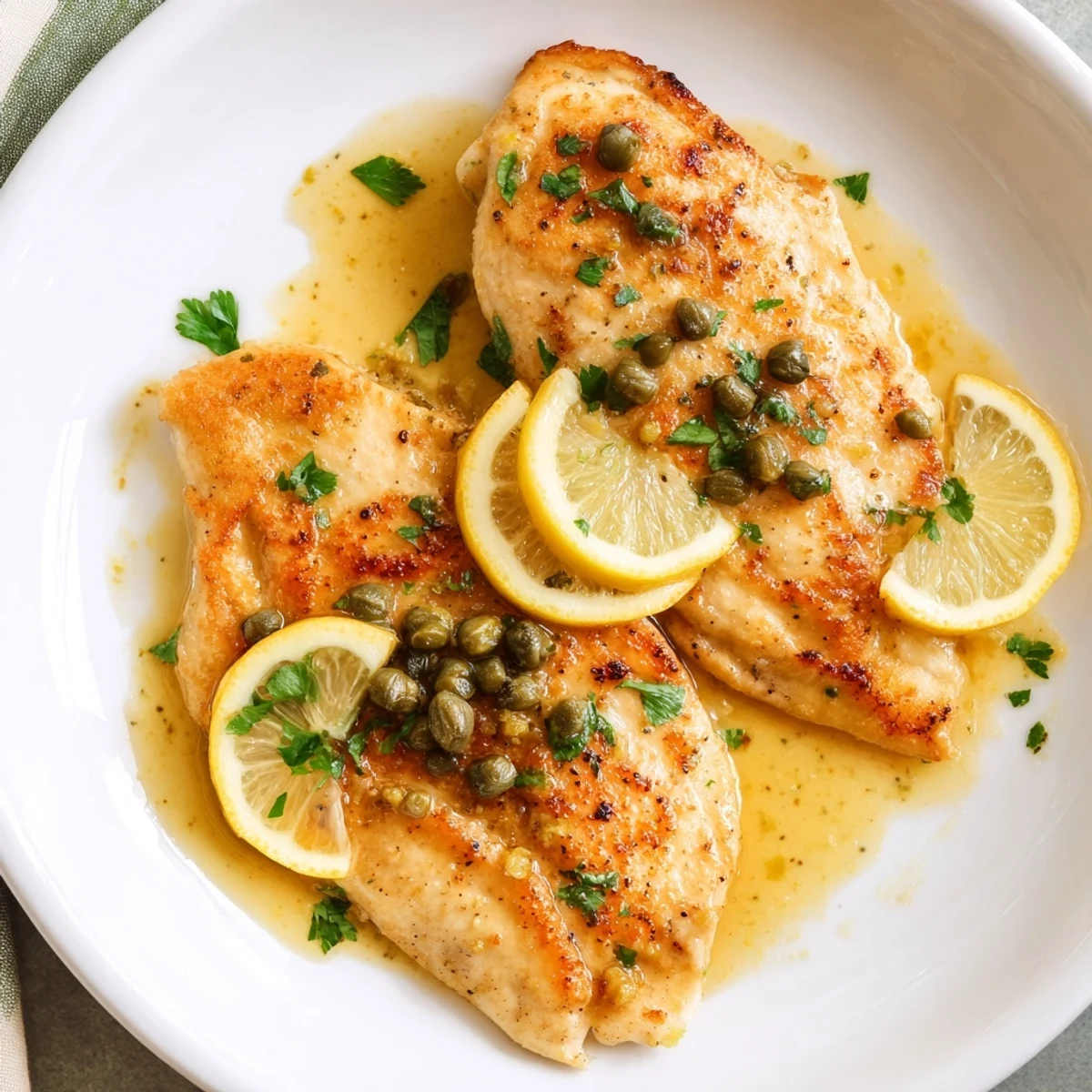 Romantic Chicken Piccata showcases tender chicken breasts bathed in buttery lemon sauce, ideal for a special dinner with pasta.  