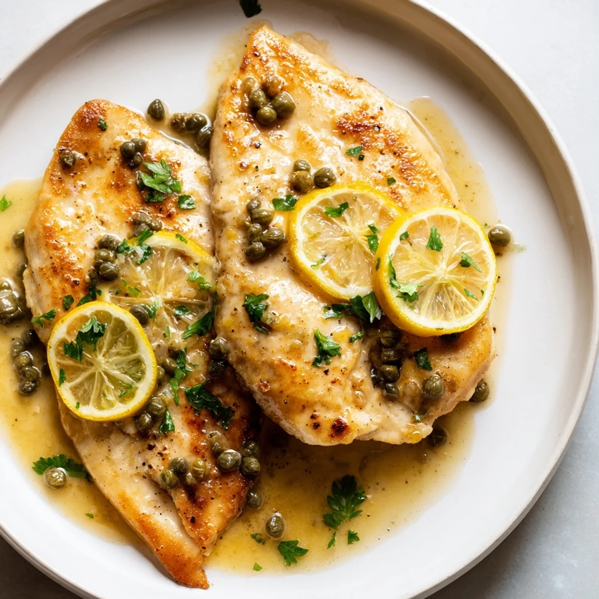 Golden-brown chicken piccata rests in a glossy lemon-caper sauce, garnished with fresh parsley and lemon slices on a rustic plate.  