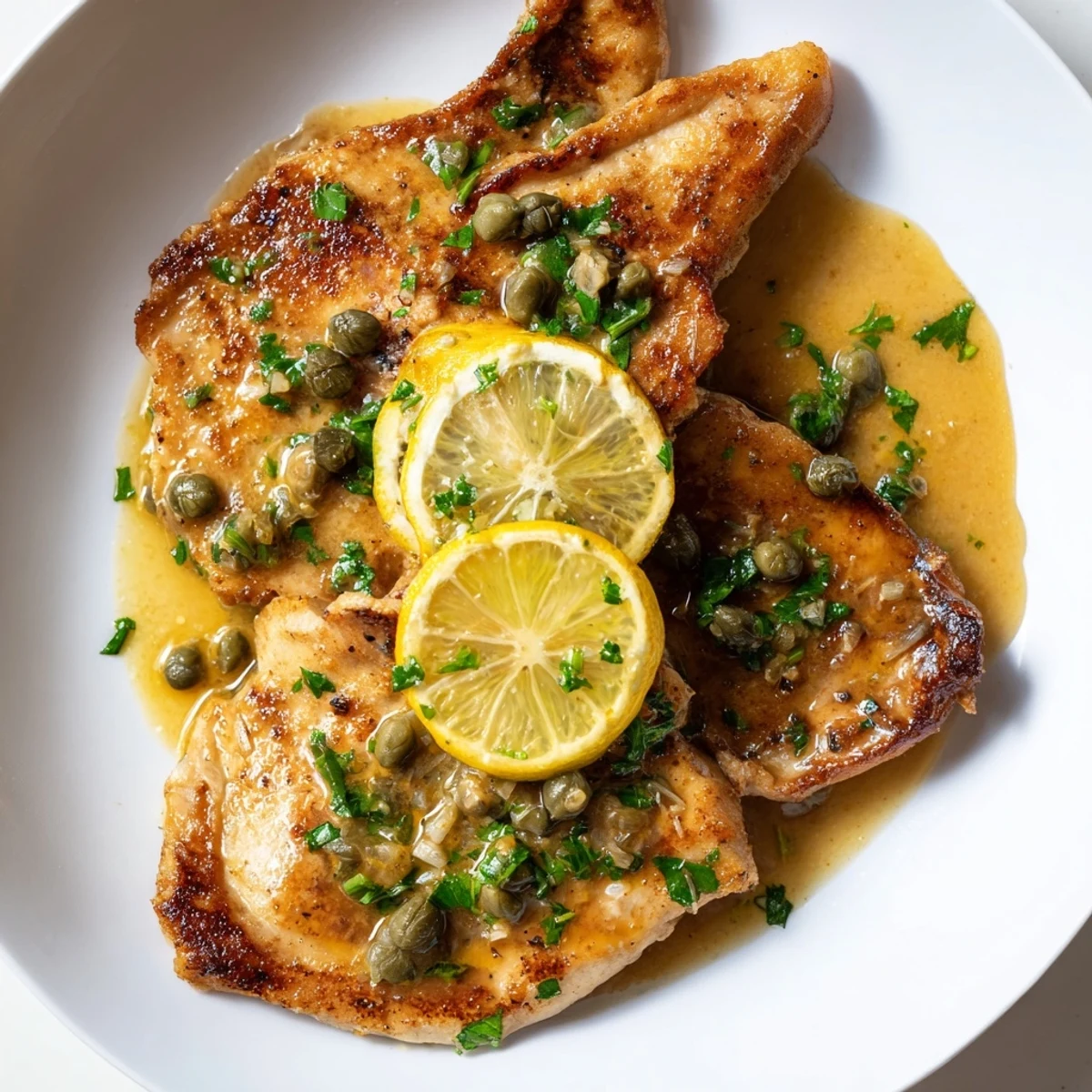 A close-up of Romantic Chicken Piccata reveals briny capers and fresh herbs over sautéed chicken in a vibrant lemon-butter glaze.