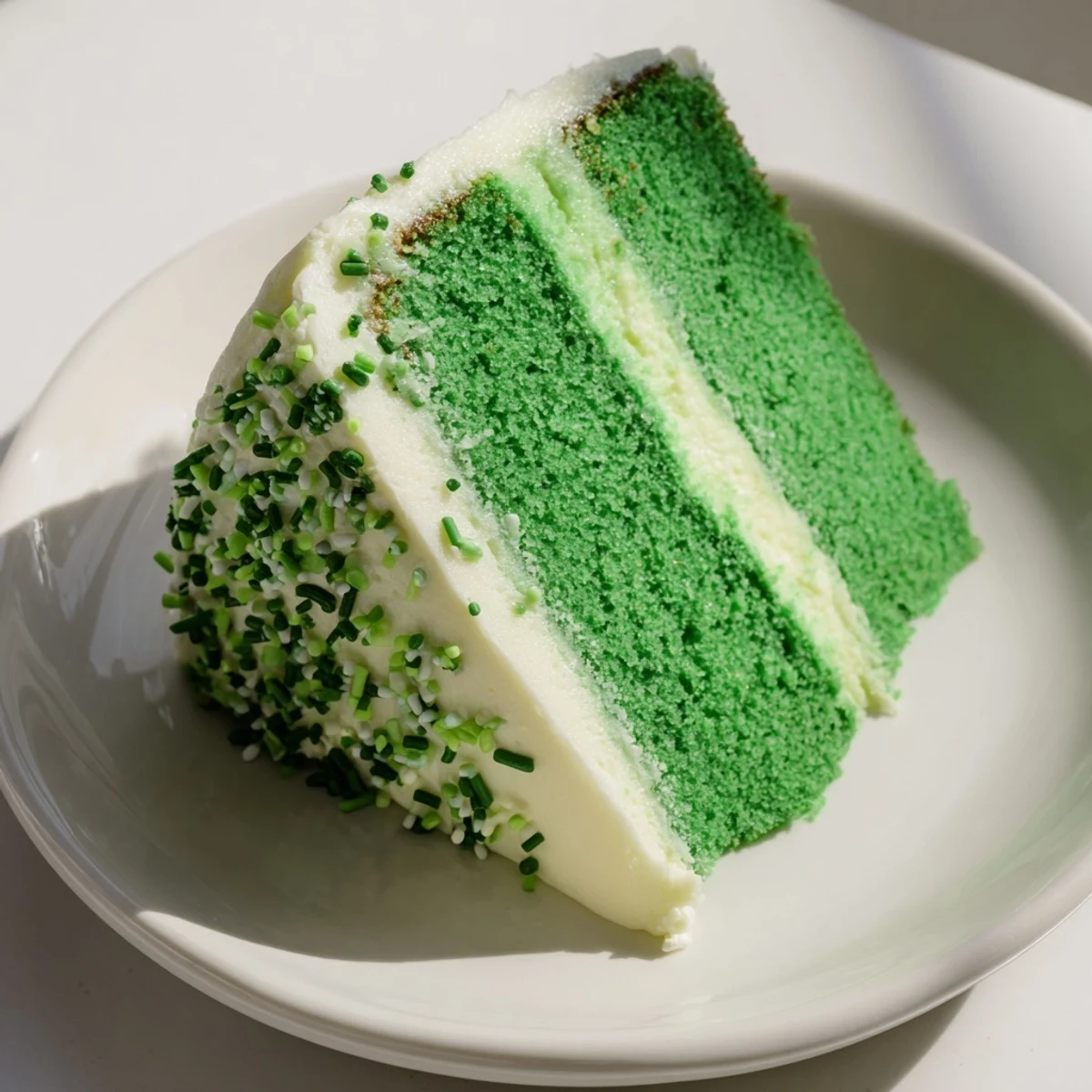 Frosted green velvet cake layers topped with swirls of vanilla frosting and green sprinkles for St. Patrick's Day.