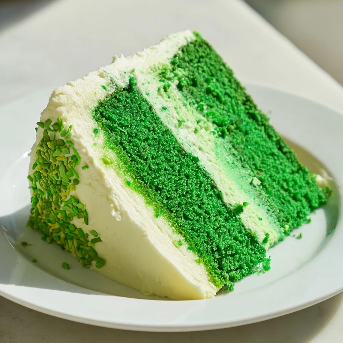 Decadent St. Patrick's Day green velvet cake, moist layers with cream cheese frosting, served on a decorative plate.