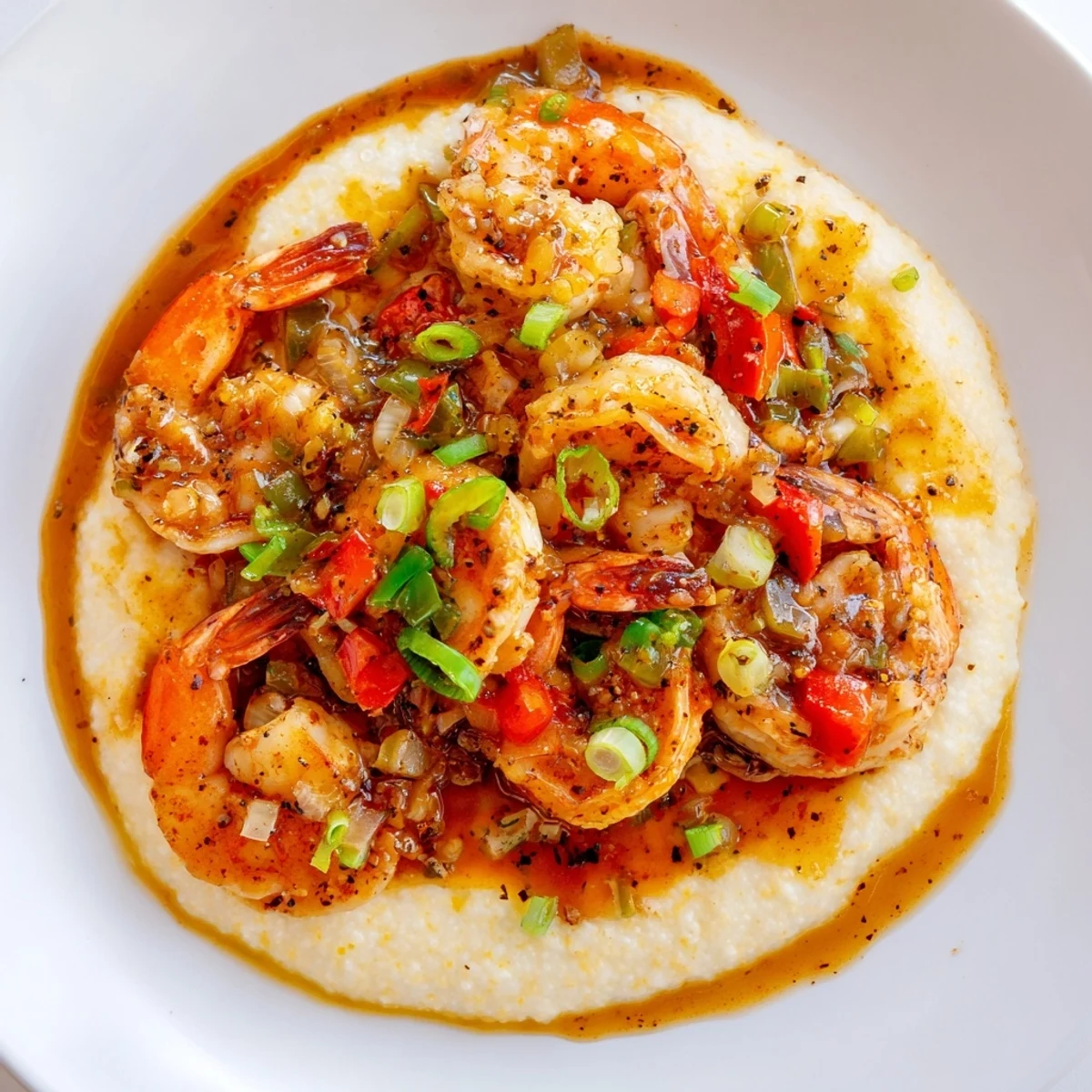Steaming bowls of Louisiana Style Shrimp and Grits feature plump shrimp in a bold, spicy sauce over creamy cheddar grits.