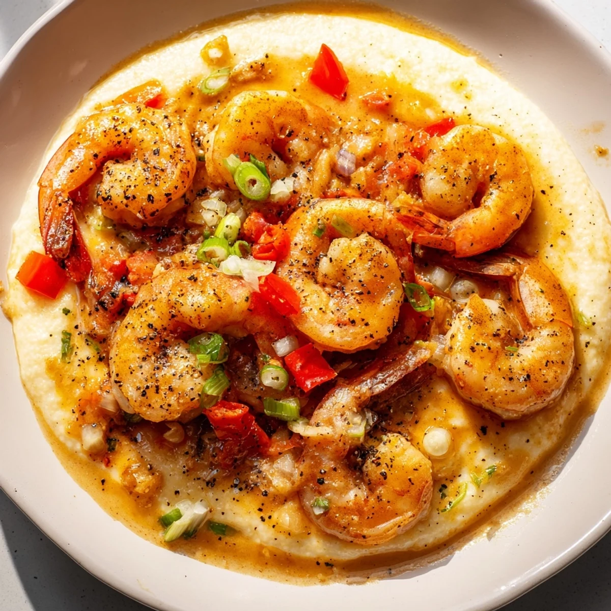 A spoon-ready serving of Louisiana Style Shrimp and Grits with sautéed vegetables, topped with fresh scallions and parsley.