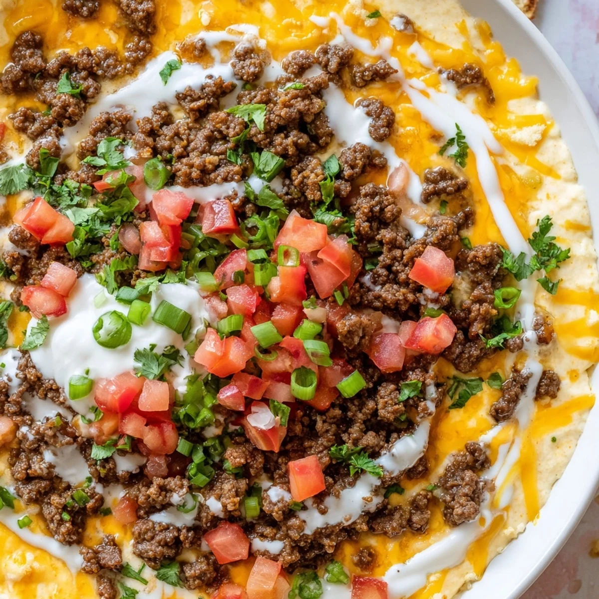 Thick and creamy Touchdown Spicy Beef Queso Dip is scooped from a bowl with crispy tortilla chips.