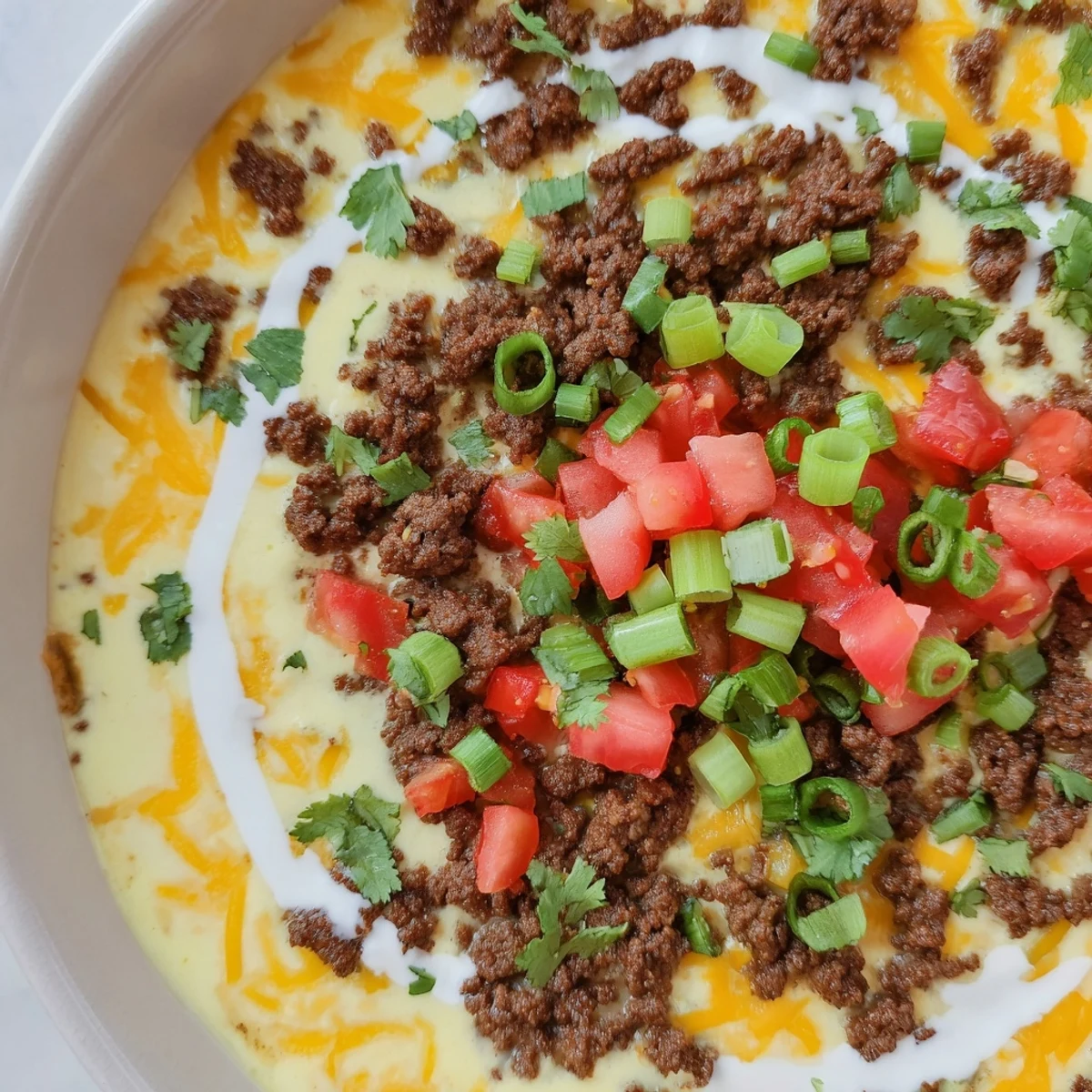 A steaming bowl of Touchdown Spicy Beef Queso Dip topped with fresh cilantro and green onions.