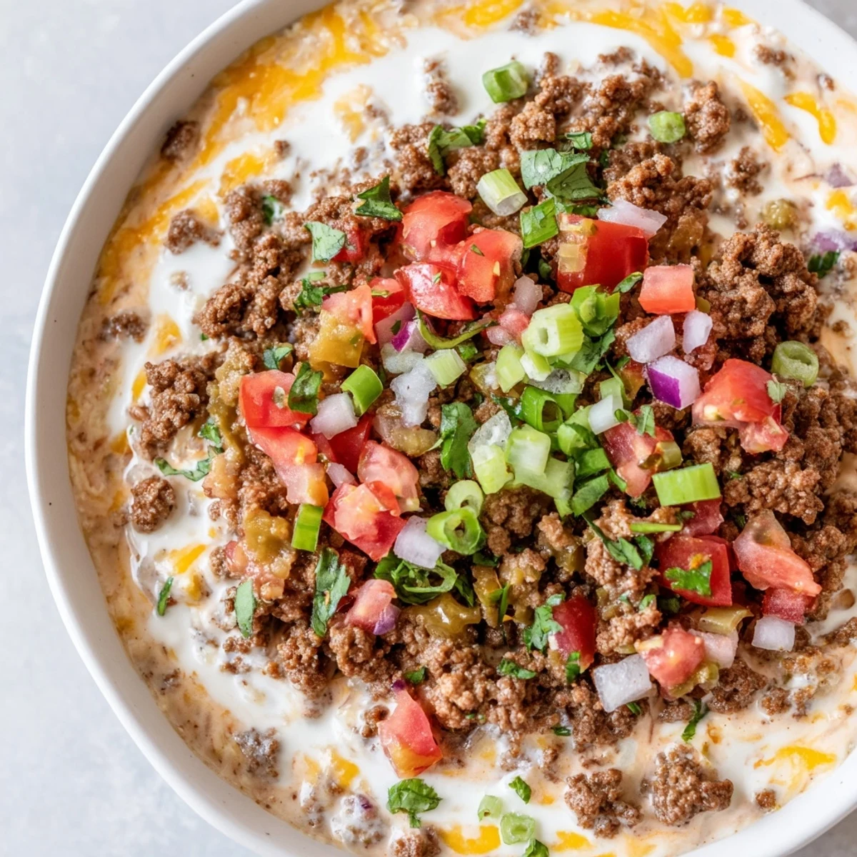 A serving of Touchdown Spicy Beef Queso Dip in a skillet, surrounded by chips and lime wedges.