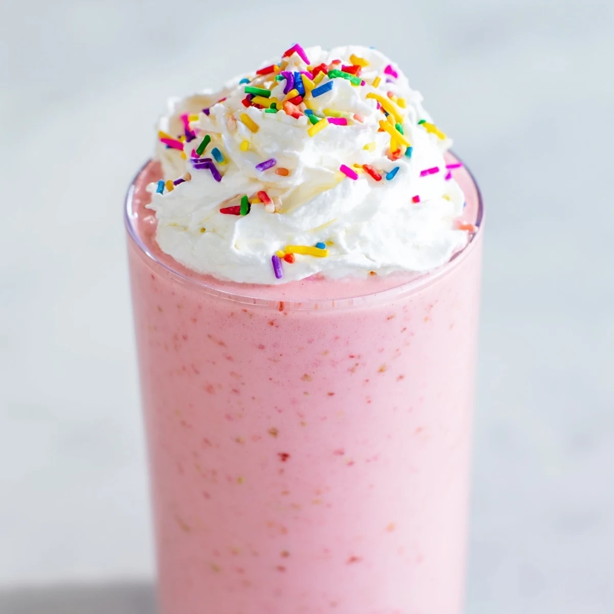Creamy Pink Strawberry Milkshake with whipped cream and rainbow sprinkles poured into tall chilled glasses.