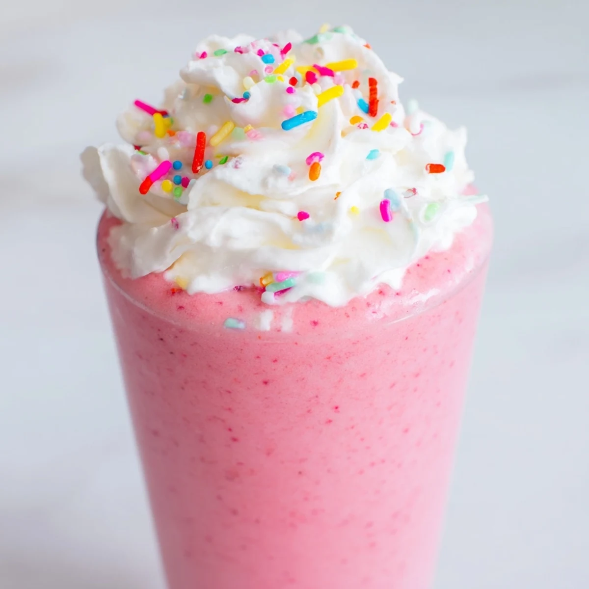 A frosted glass of Pink Strawberry Milkshake topped with whipped cream and colorful sprinkles.