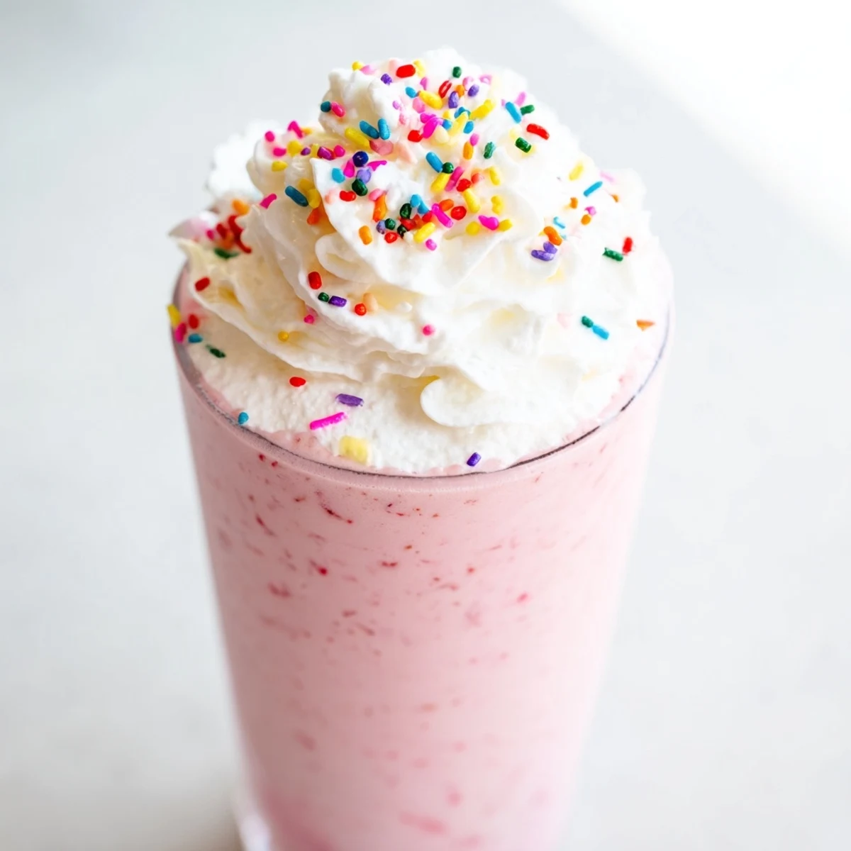 Refreshing homemade Pink Strawberry Milkshake with fresh strawberries and sprinkles served with a straw.