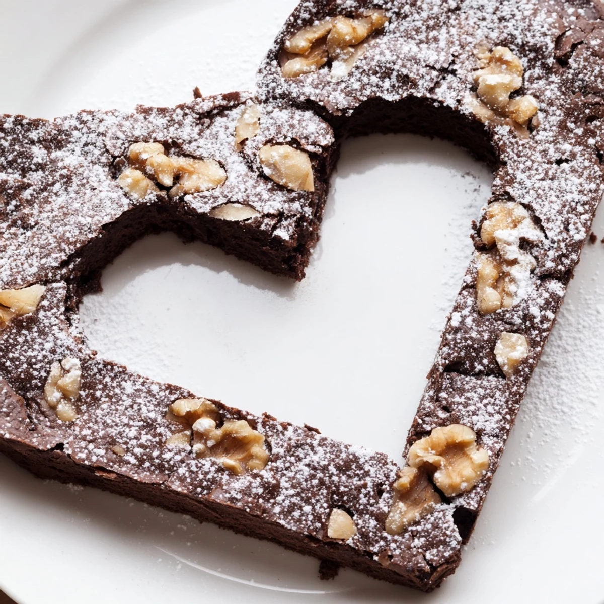 Gooey Valentine Heart Shaped Brownies with powdered sugar dusting sit on a marble board next to fresh raspberries.  