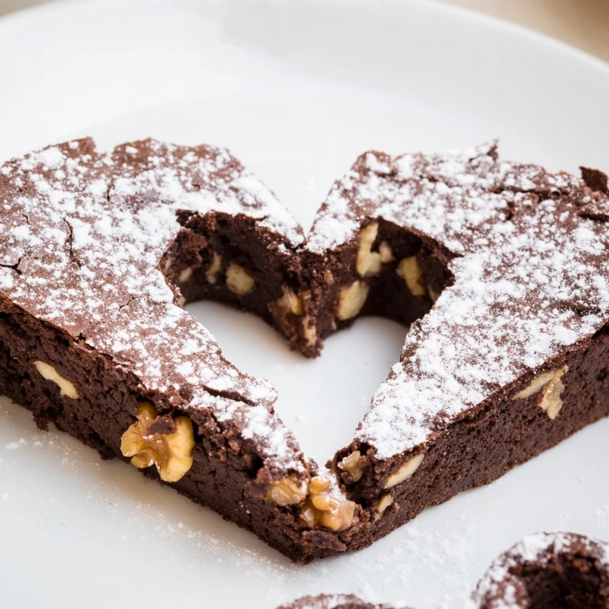 A close-up of one rich, fudgy Valentine Heart Shaped Brownie bite, revealing melted chocolate chips and moist crumbs.  